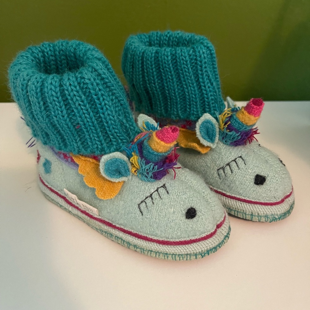 Kids Unicorn Knit Slippers - Teal (size 7)
